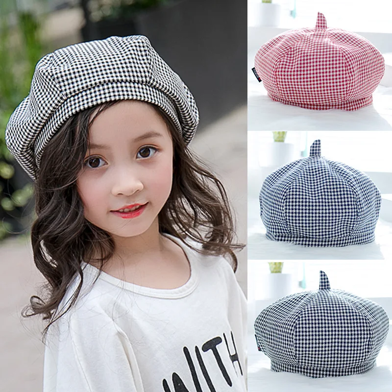 Children's beret hat autumn and winter girls octagonal hat plaid beret