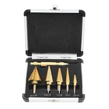 

HSS 5PCS Titanium Step Drill Bit Set with Automatic Center Punch, 50 Sizes in 5 High Speed Steel Drill Bits Set Aluminum Case