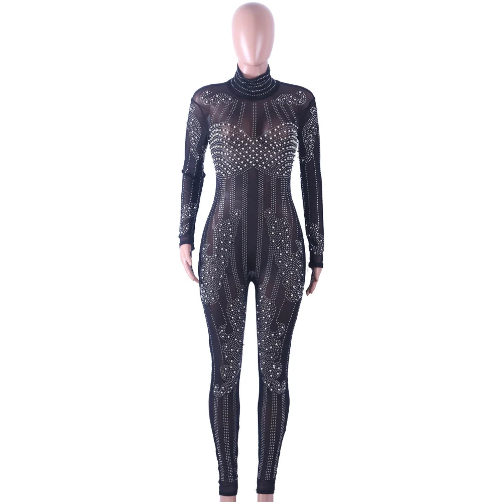 Women Beaded Embellish Jumpsuit Rhinestone Diamonds Overalls Mesh Patchwork See Through Skinny Bodysuits Clubwear Party Catsuit