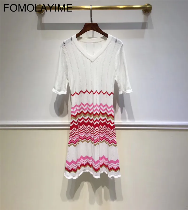 FOMOLAYIME модные платья Vestidos летние женские с v-образным вырезом волнистые полосатые трикотажные с коротким рукавом платье