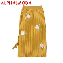 [Alphalmoda] Осень Новые цветочные трикотажные Юбки для женщин heavywork вышитые цветы Высокая талия прямо женский Изящные Миди-юбки