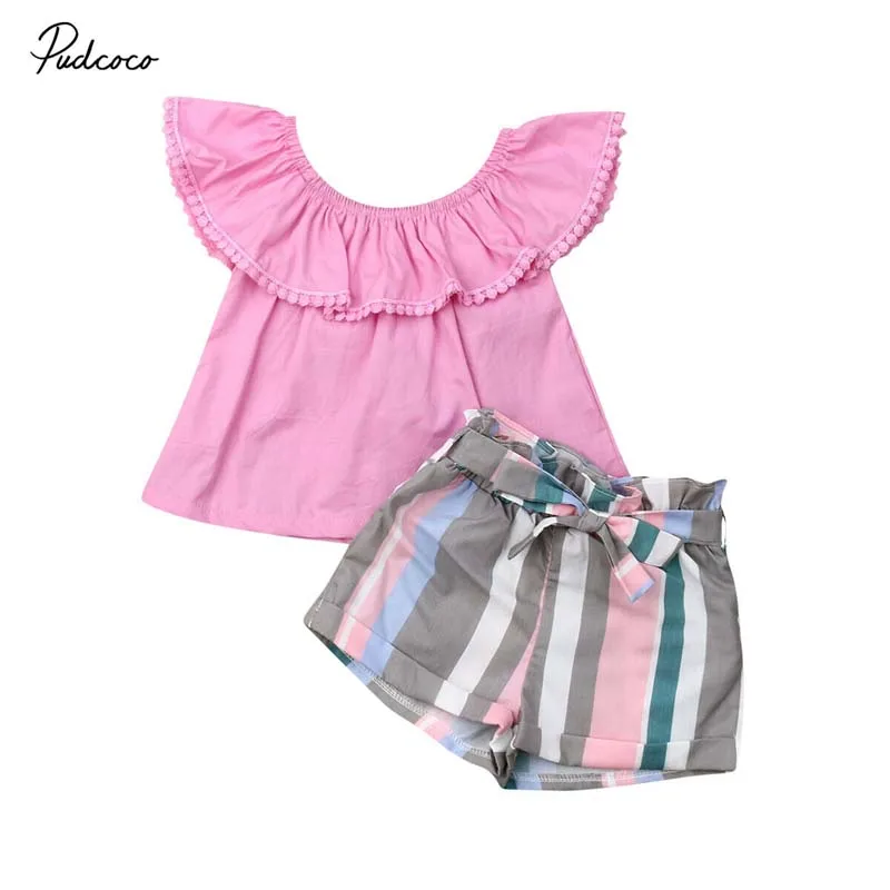

2019 Brand 2PCS Toddler Kid Baby Girl Summer Clothes Tassel Ruffle Solid Blouse Tops+Stripe Bow Shorts Pants Outfit Fashion 2Pcs