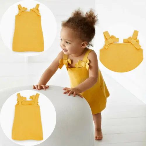 

Baby Girl Dress Bowknot Yellow Strap Princess Tutu Dress Casual Solid Color Sundress Summer Sleeveless Off Shoulder Dresses