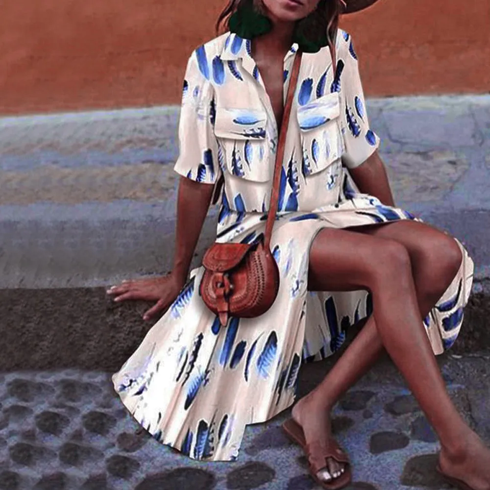 

Women's Holiday Summer Dress Fashion Feathers Print Pockets Bohemian Long Dress Elegant Office Summer Dress Pluse Size 4XL