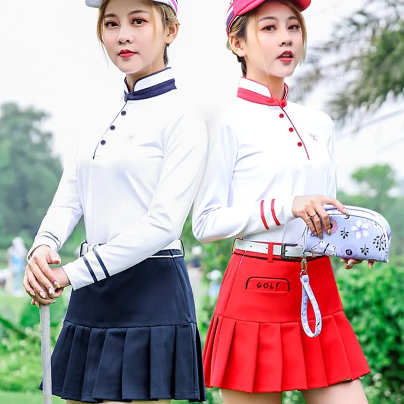 Pgm Golf Apparel Women Pleated Skirt+ Button Collar Shirts Suit Ladies Tennis Skirts Long Sleeve Shirts Golf Clothing D0493