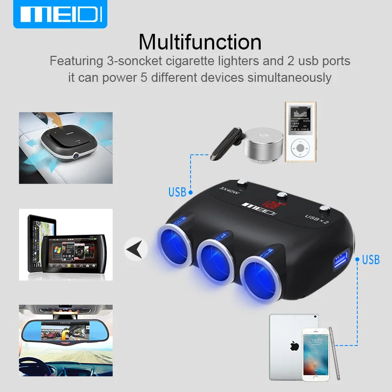 MEIDI Car Charger Cigarette Lighter 12V 120W Dual USB Car Charger Adapter Socket Splitter With Voltage LED Display for iPhone6 7