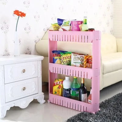 

3-Tier Gap Kitchen Storage Rack Shelf Slim Slide Tower Movable Assemble Plastic Bathroom Shelf Wheels Space Saving Organizer