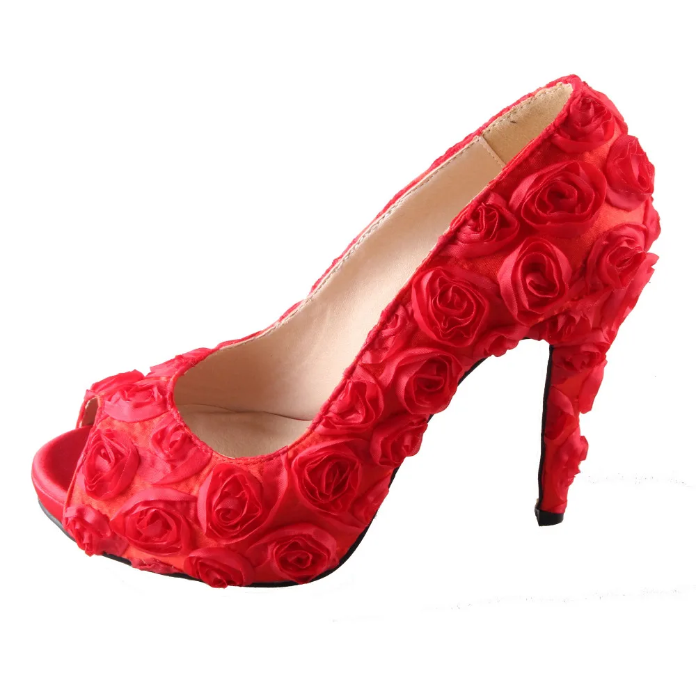 Handmade red 3D rose flower lady's bridal Tropical fairy tale wedding party heels small big size open peep toe quinceanera shoes