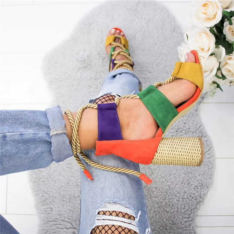 

Summer Wedge Espadrilles Women Sandals Heel Pointed Fish Mouth Sandals Woman Fashion Dot Print Hemp Lace Up Platform Sandals