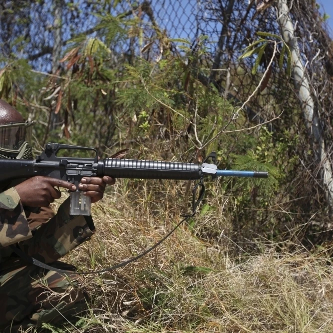 A Jamaican soldier scans through the foliage Poster Print (17 x 11)