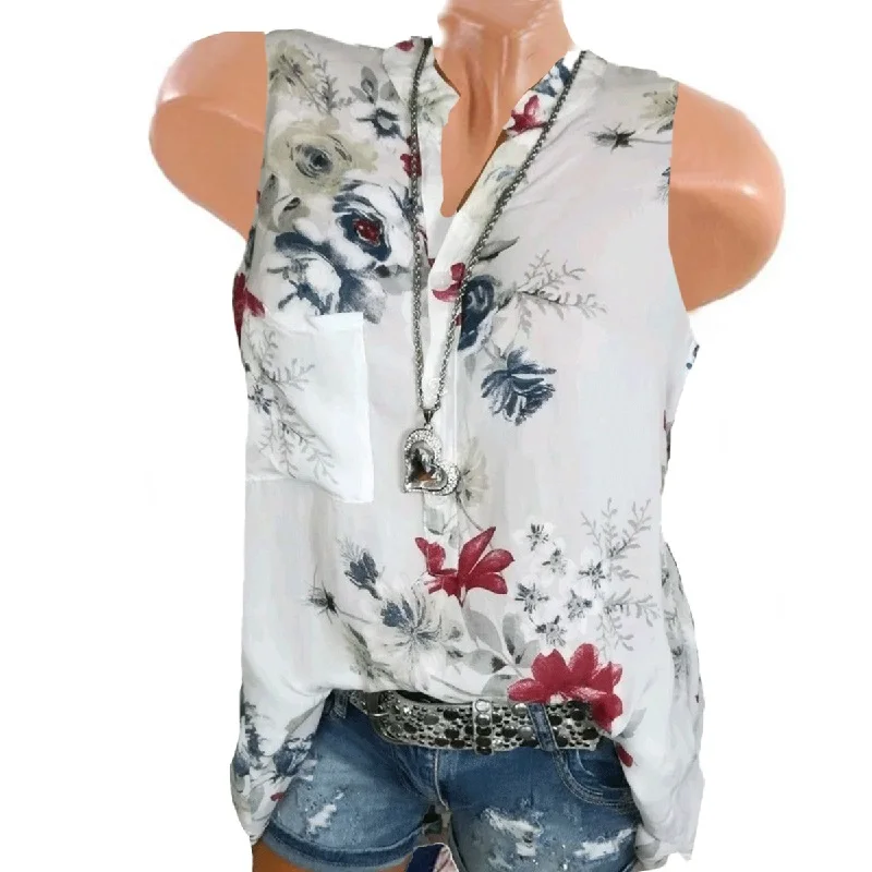 

Blouse Women Plus Size Printing Pocket Sleeveless Blouse Boho Women Tunic Easy Top Shirt Casual Womens Tops and Blouses Blusas