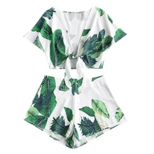 Leaf Print Crop Knot Top and Shorts Set 2 Piece Set Women Two Piece Outfits Leaf Print Set V-Neck Beach Outfit Roupas 2019 Short Leaf Print Crop Knot Top and Shorts Set 2 Piece Set Women Two Piece Outfits Leaf Print Set V-Neck Beach Outfit Roupas 2019 Short