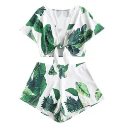Leaf Print Crop узел футболка и шорты Комплект женский комплект 2 шт. Верхняя одежда из двух частей с принтом листьев набор v-образным вырезом