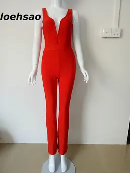 

2017 New Sexy Slim Rayon Knitted Deep V-neck Zipper Red Women Bodysuit Bandage Jumpsuit