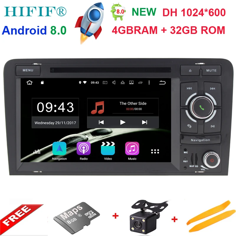Top Android 8.0 4+32G 7" 2 DIN Car DVD Player GPS Navigation Radio Canbus USB SD for Audi A3 8P/A3 8P1 3-door Hatchback/S3 8P/RS3 0