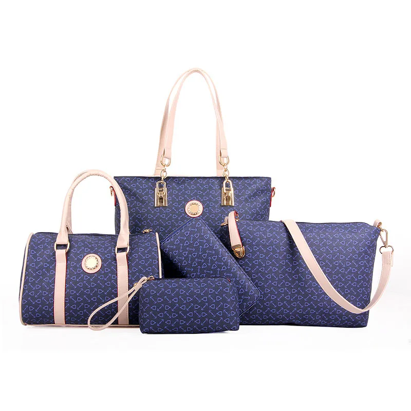 

5 Pcs/Set Women Printed Bags Set Handbag PU Leather Shoulder Bags+Purse+Clutch +Wallet+Tote BS88