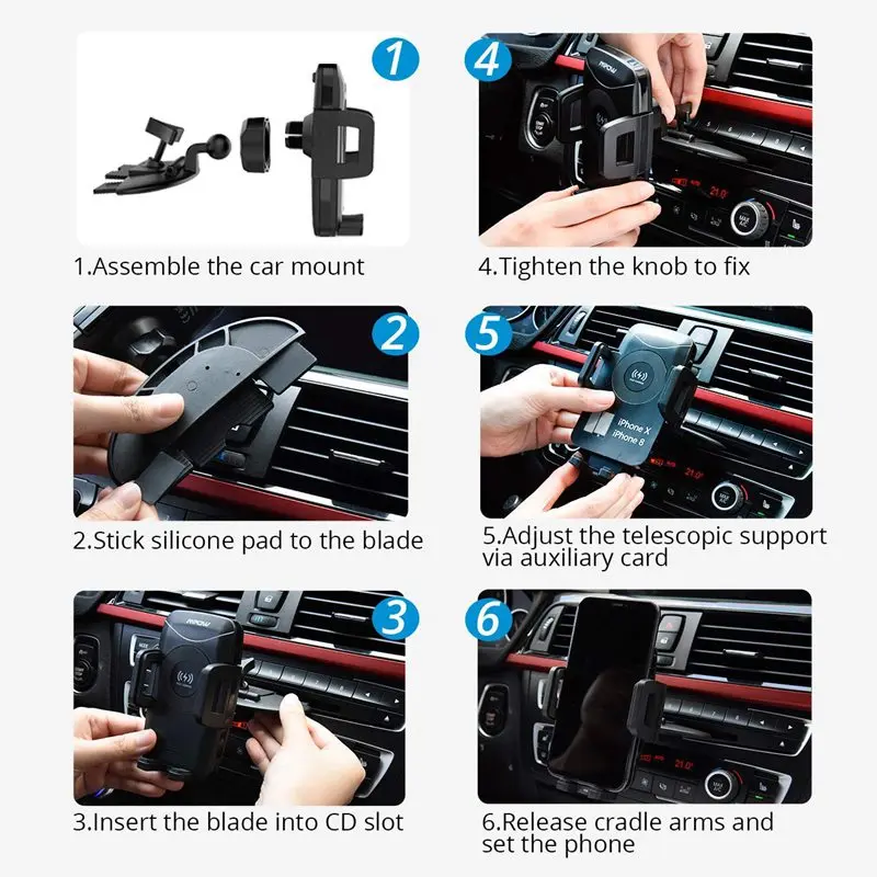 VicTsing Qi Fast Wireless Charger CD Slot Car Phone Mount Auto Charging Powers Universal Car Phone Holder for iPhone X 8 7 6 6S  (7)