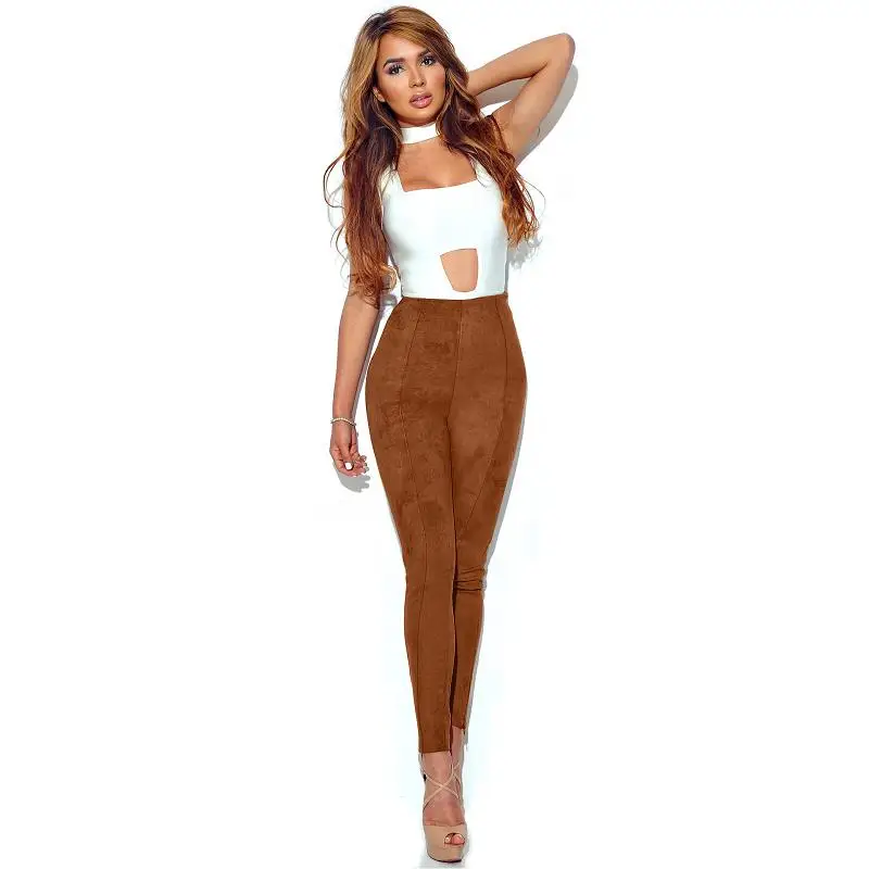 

2017 Spring Slim Stretch Pleated Elastic High Waist Pants Women Faux Suede Leggings Sexy Skinny Pencil Pants Ladies Long Trouser