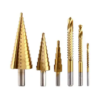 

DSHA -3pcs Tapered Drills + 3pcs Saws Drill with Teeth 3mm-8mm in HSS + Titanium High Speed Coated Titanium for Drill with Che
