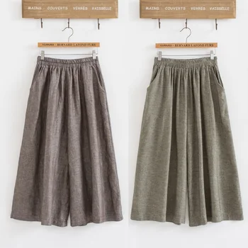 

Cotton Linen Women Wide Leg Capris Pants 2018 Spring Summer Solid Calf-Length Loose Pants Plus Size