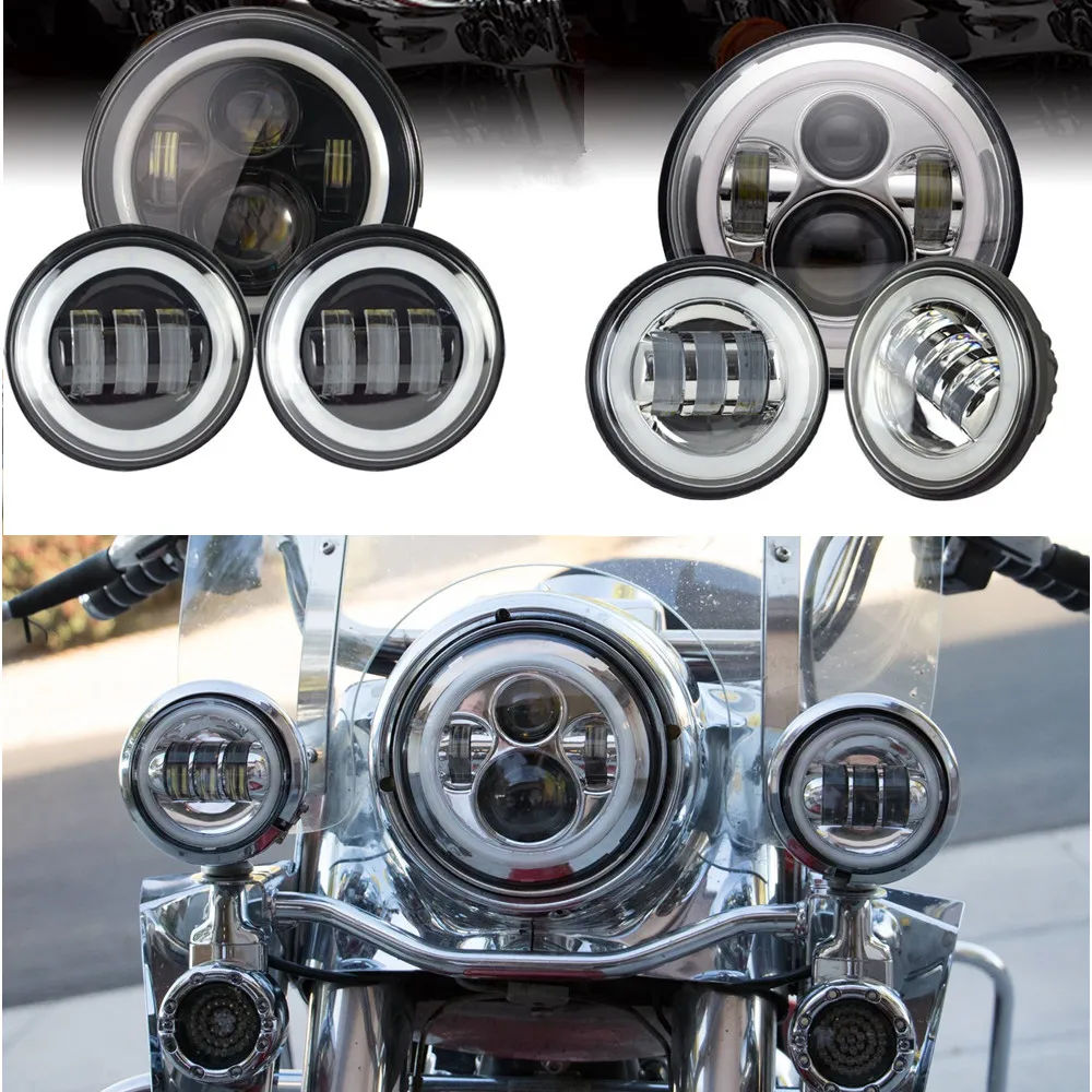 For Harley moto Set 7" White Halo Headlight + 4.5" Halo Auxiliary Fog