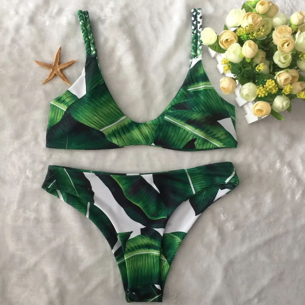 2018 Sexy Strappy Bikini Bandage Swimwear Leaves Tropical Swimsuit Retro Bikini Set Brazilian Bikinis Women Bathing Suit E968