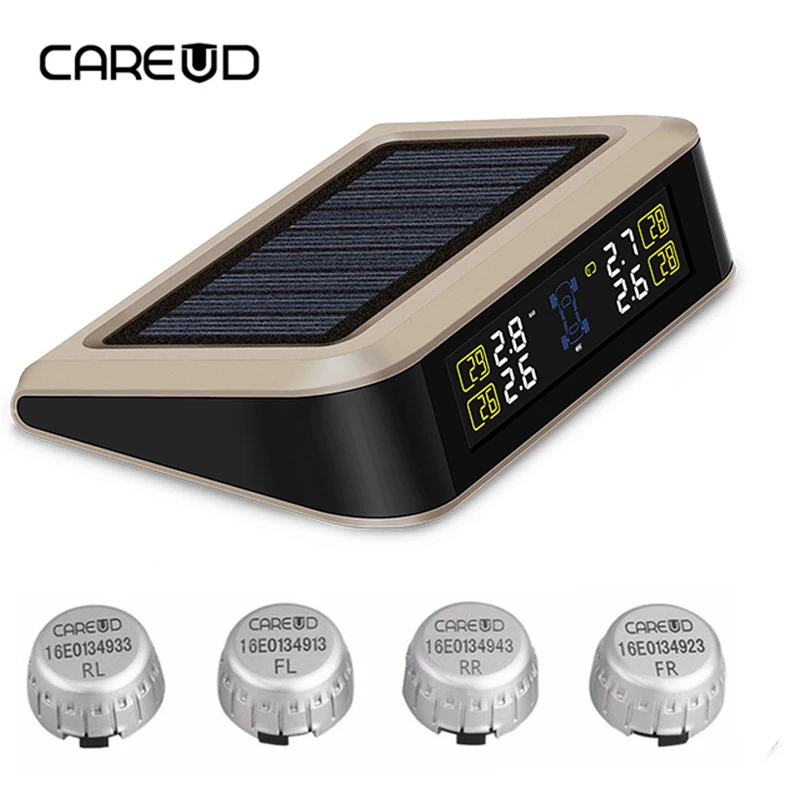 

TPMS Car Tire Pressure Monitoring System CAREUD LCD Display 4 External Sensors Auto Alarm System Solar Energy Diagnostic Tool