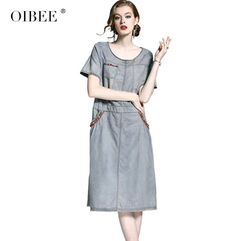 

OIBEE Women Summer Casual Solid Cotton Elegant A-Line Short Sleeve Beading Pocket Dress Vestidos