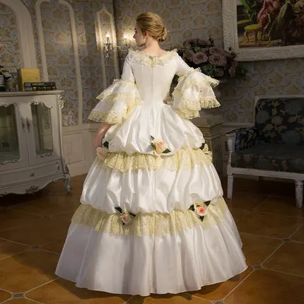 Настоящее Белое Кружевное винтажное длинное бальное платье с рюшами, средневековое платье, платье Ренессанса, платье королевы, викторианское платье для косплея, бальное платье Belle