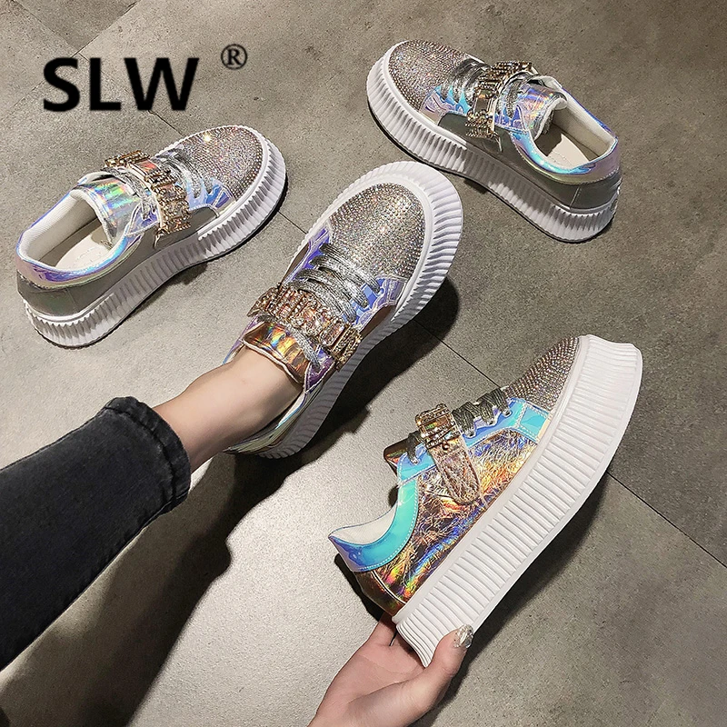 

new platform Casual fashion 2019 Bling Sequined Cloth Hook & Loop Lace-Up Rubber Round Toe Basic Crystal Cross-tied Flat