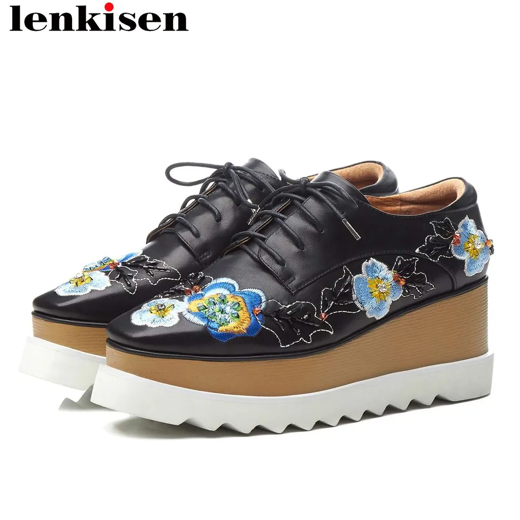 

Lenkisen luxury full grain leather oriental flower embroidery square toe lace up women pumps European Punk increased shoes L18