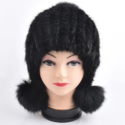 Новые модные женские зимние норковые меховые шапки, защитные колпачки для ушей, вязаные меховые кожаные шапки fux, женские повседневные меховые головные уборы - Цвет: Черный