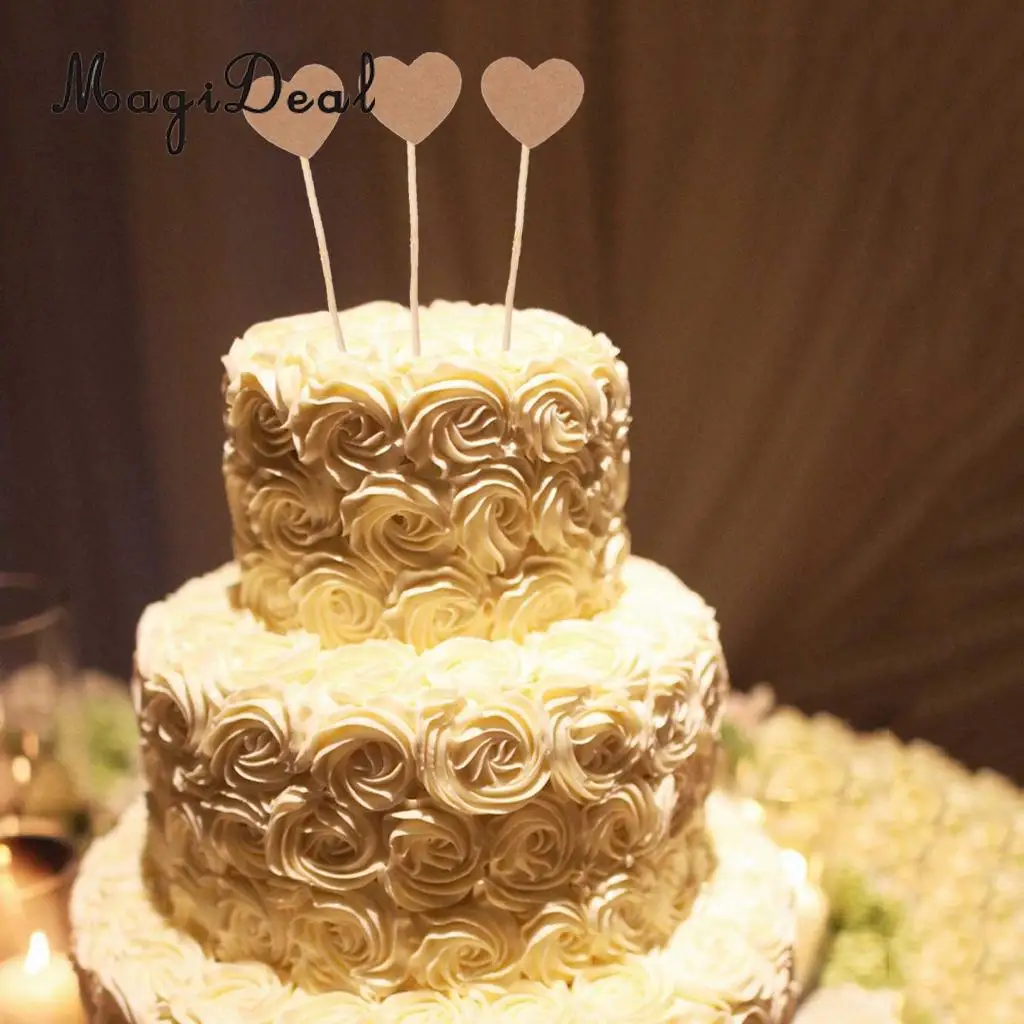 MagiDeal Craft Paper Rustic Heart Cupcake Cake Topper Flags Pick Wedding Party Decor 