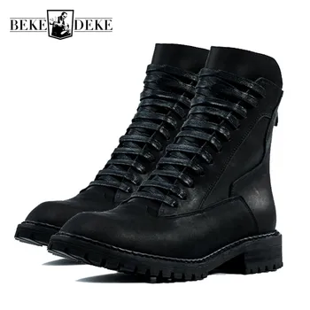 

Spring Fashion Men Genuine Leather Motor Biker Military Boots Rock Lace Up High Top Army Antiskid Platform Footwear Male Shoes