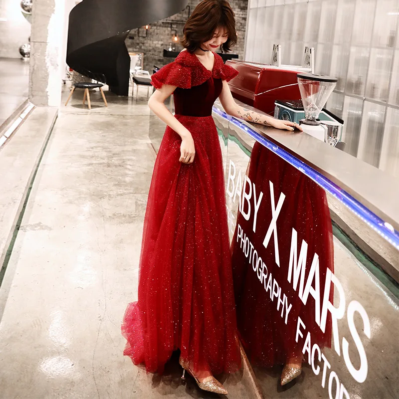 

V-neck Evening Dresses Wine Red Crystal Lace Up Formal Prom Dress Short-sleeves A-line Floor Length Plus Size Party Gowns E367