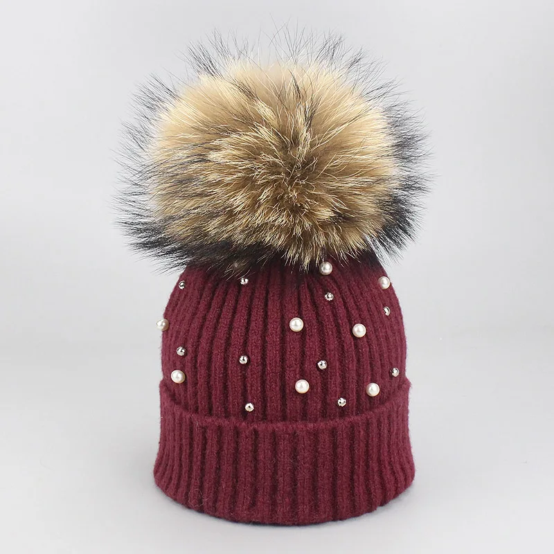 New Wool Beanies Women Real Natural Fur Pom Poms Fashion Pearl Knitted Hat Girls Female Beanie Cap Pompom Winter Hats for Women - Цвет: F