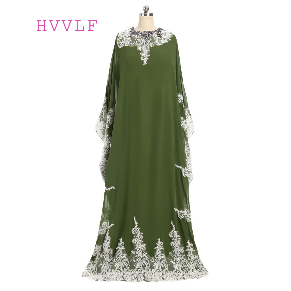 

2019 Muslim Evening Dresses A-line Long Sleeves Green Chiffon Lace Islamic Dubai Abaya Kaftan Long Evening Gown Prom Dress