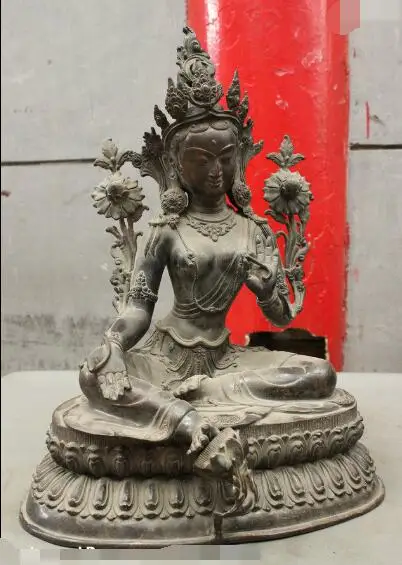

S06906 19" Tibet Pure Bronze Green Tara Mahayana Buddhism Goddess GuanYin Buddha Statue