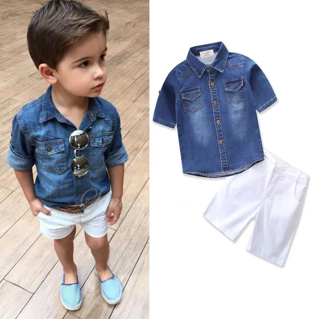 2019 Fashion boys  denim shirt  white  shorts 2pcs set kids  