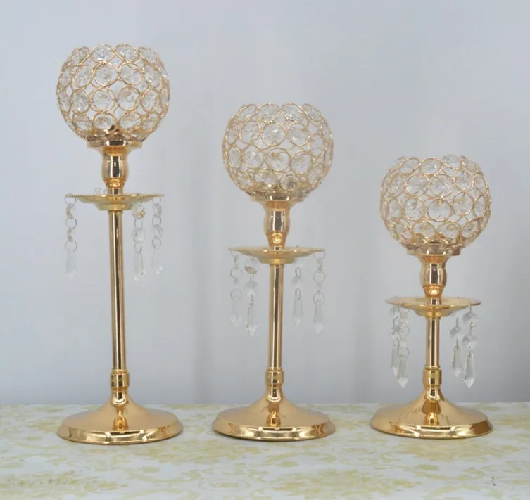 

26cm Tall Crystal Candle Holder Metal Gold Candlestick Lantern Votice Candle Stand Candelabra Centerpieces Wedding Decoration