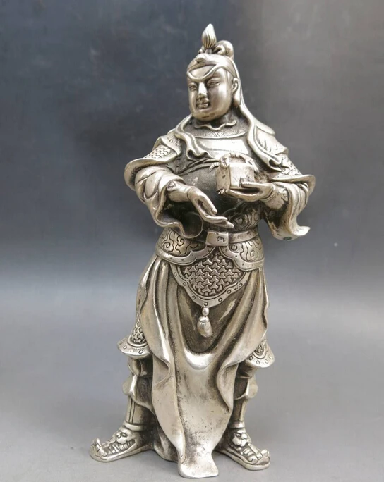 

7" Fine China Silver carved beautiful Guan Yu son Guan Ping sculpture Statue