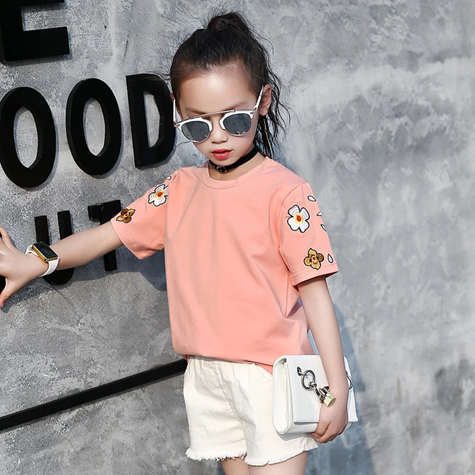 

T-Shirt For Girls Cartoon Embroidery T - Shirt Girl Summer Short Kids Tops Tee Summer Clothes For Girls 6 8 10 12 13 14 Year