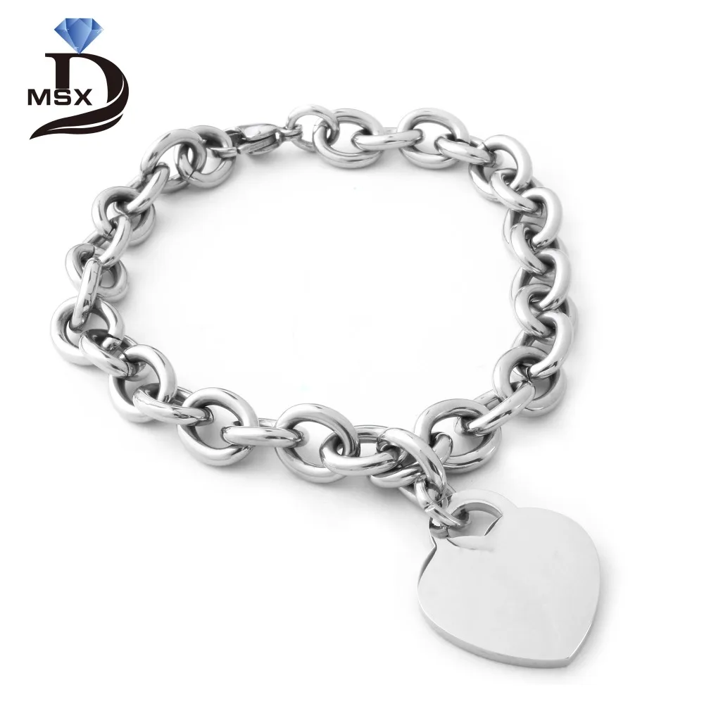 

MSX Stainless Steel Silver Color Chain Bracelet for Men Heart Shape Pendant Bangles for Male Personalized Jewellery Wholesale