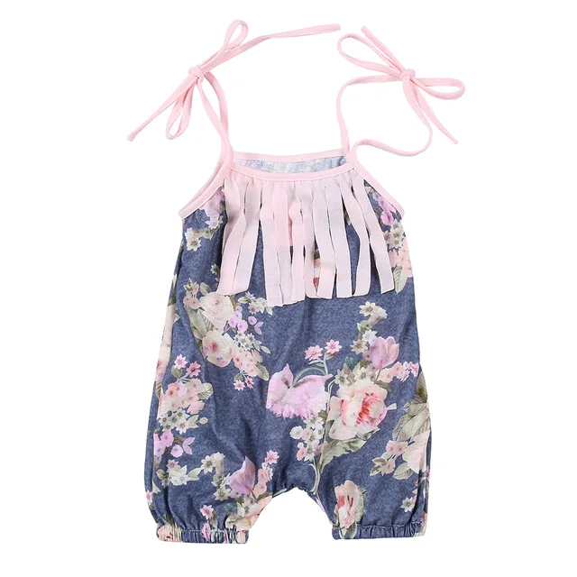 Été Floral Imprimé Bébé Barboteuse, vintage style bébé filles vêtements, glands de mode Bébé