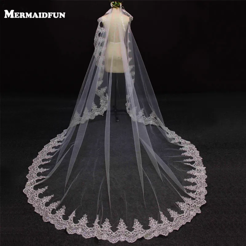 

2016 New Romantic Lace Edge One Layer 3 Meters Wedding Veil without Comb 3M Bridal Veils Velo de Novia