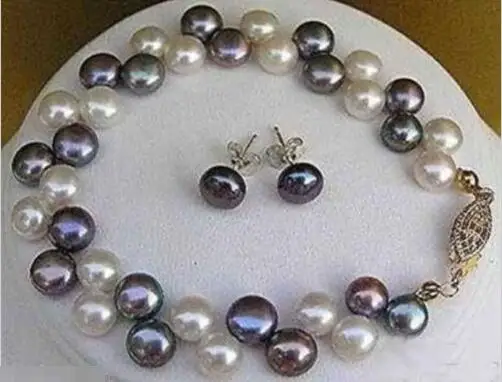 

Free Shipping Wholesale>>>new hot 7-8MM 2 Rows Black White Pearl Bracelet Earrings Set 7.5''
