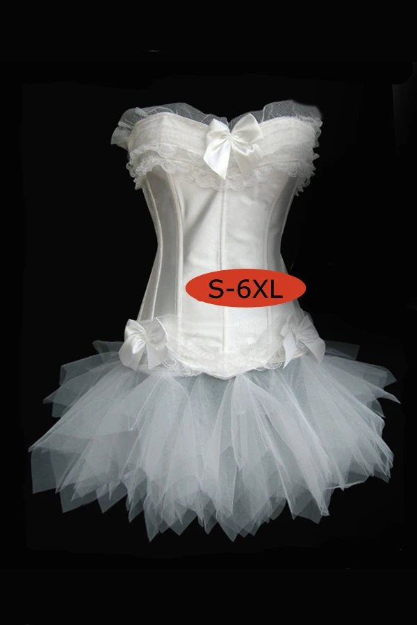 

White Black lace up boned top corset busiter show gilr with g-string tutu petticoat skirt PLUS SIZE S-6XL