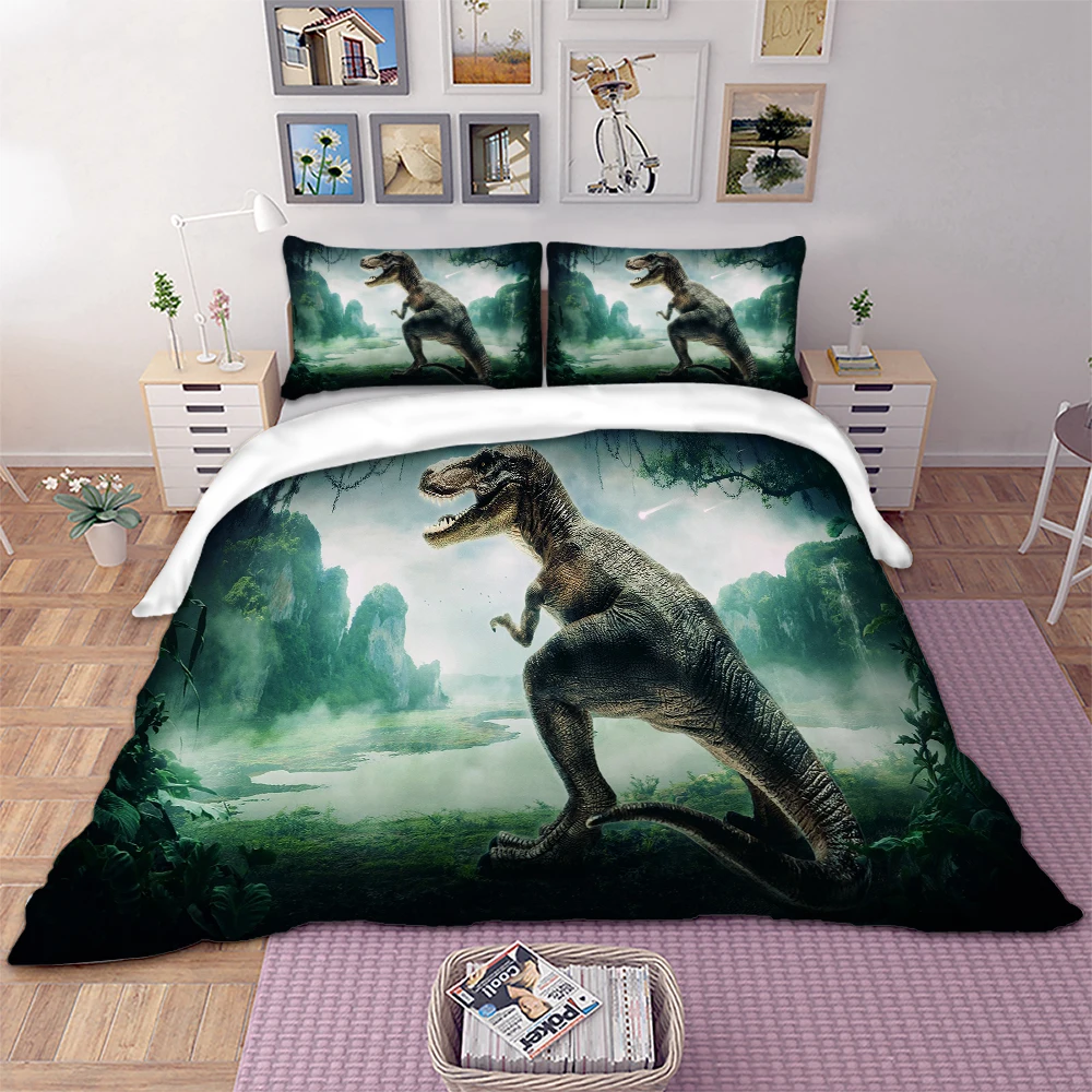 

3D Printed Tyrannosaurus Rex Roaring in Ancient Forest Green Bedding Set Pillowcase Dinosaur Duvet Cover Set for Teens Boys
