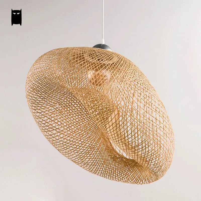 bamboo wicker rattan wave shade pendant light fixture rustic vintage