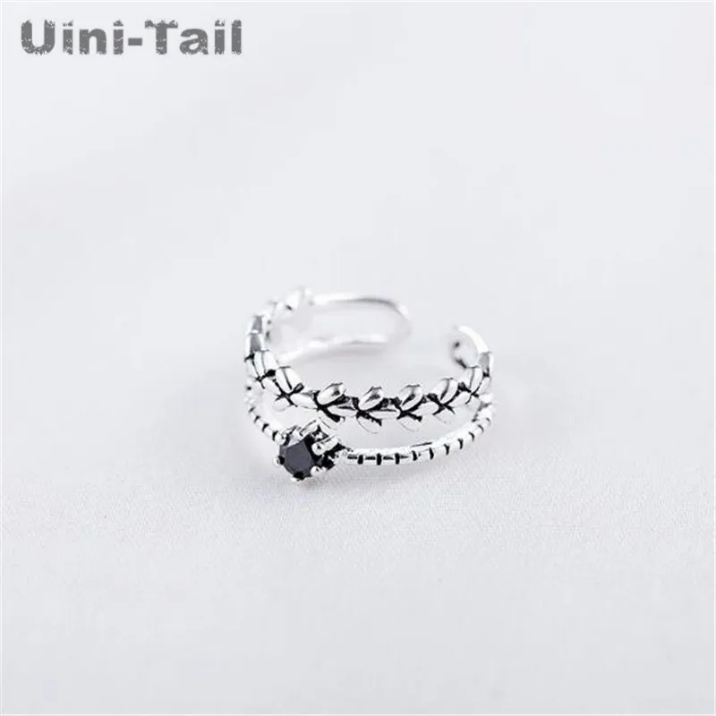 

Uini-Tail hot new 925 sterling silver creative obsidian leaf ring Korea simple fashion dynamic high quality ring GN483